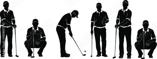 golf player silhouettes set, golfer swing and putting poses, professional golf sport figures, athlete playing golf illustration, cad drawing flat vector illustration