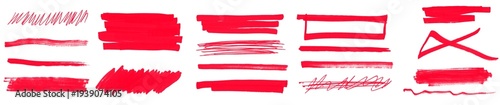 Set of Red Redaction Brushes, Marker Censor Strokes and Hand Drawn Red Blackout Lines Isolated on Transparent Background, png