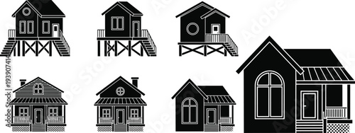 house building silhouettes set, residential home exterior icons collection, cottage architecture vector illustration, property housing design elements