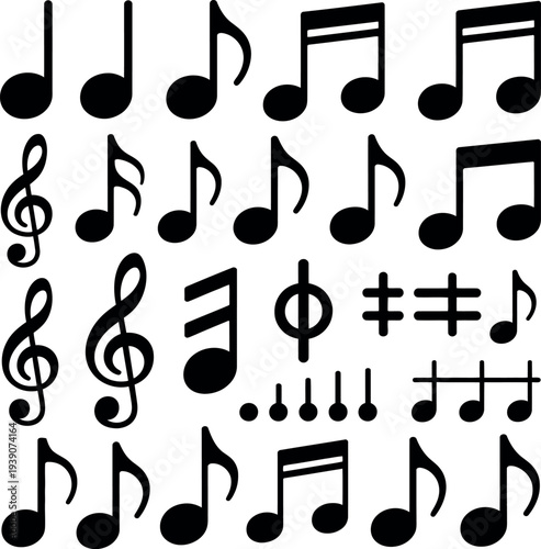 A collection of black musical notes and symbols on a white background, representing music and harmony.