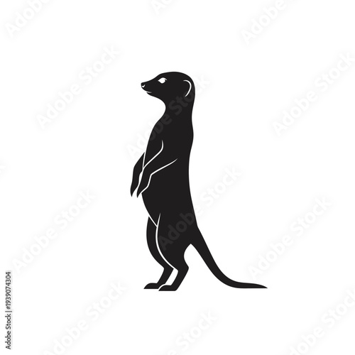 Silhouette of a meerkat standing upright, isolated on a white background, looking alert.