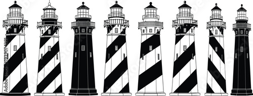Lighthouse tower collection coastal navigation beacon maritime sea landmark cad drawing flat vector illustration set