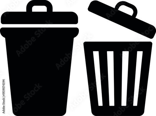 Two black trash cans with lids on a white background
