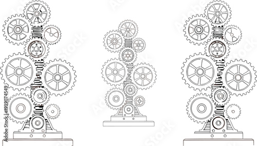 mechanical gear system, industrial cogwheel mechanism, engineering machinery concept, technical gear structure, machine parts illustration, cad drawing flat vector illustration
