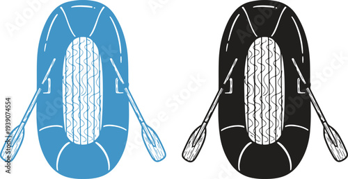 Blue and black inflatable boat with oars vector illustration for water sports recreation activities and lake adventure equipment supplies