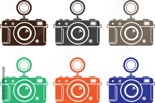 Collection of six vintage film cameras in various colors, each with a top-mounted flash, on a transparent background retro photography icon set