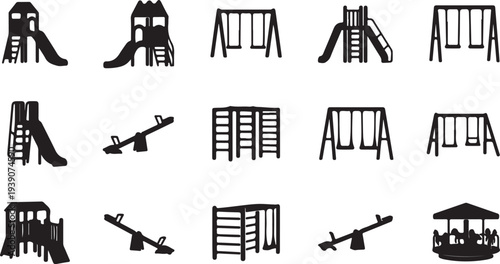 Playground equipment silhouettes collection, children outdoor play structures, slides and swings vector icons set, black amusement park elements illustration