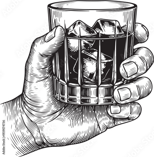 Engraved style illustration of hand holding glass of whiskey with ice showing detailed hatching for luxury beverage brand and menu design