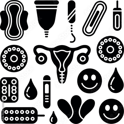 A collection of black and white icons representing various menstrual products and female reproductive health symbols on a clean white background.