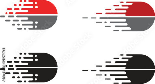 Four abstract representations of motion with split circles in red grey black and white colors on transparent background