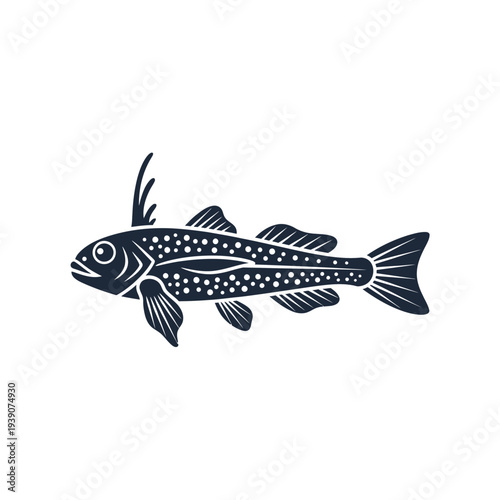 Stylized illustration of a fish with intricate details and patterns on white background.