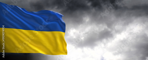 National flag of Ukraine  with dark clouds in the background, 3D rendering.