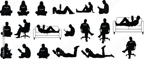 people reading book silhouettes set, diverse reading poses collection, study lifestyle concept, black human figures, isolated vector library activity illustration