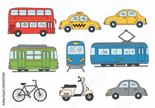 Assorted vehicles including buses, cars, trains, bicycle, and scooter arranged neatly in a grid pattern on a white background from a direct overhead viewpoint