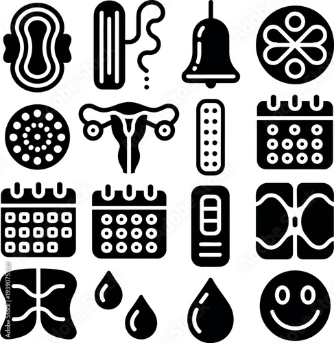 A collection of black and white icons representing various menstrual products and feminine hygiene symbols on a plain white background.