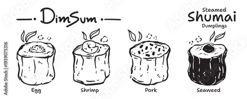 Food Menu Icon Set, Hand Drawn, Vector Illustration (Siu Mai, Shumai, Steamed Dumpling, Dim Sum, Pork Dumpling, Pork, Seaweed, Egg, Shrimp)