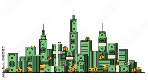 Vibrant cityscape made of stacks of money and coins
