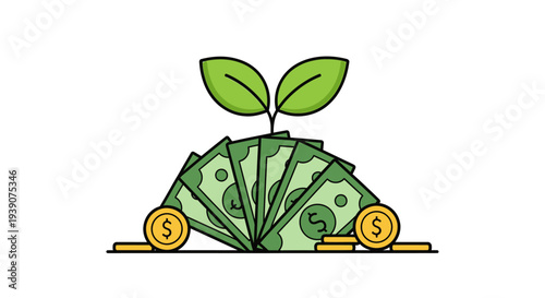 Green plant growing from cash money with coins