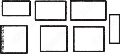 A black and white image of seven empty rectangles arranged in two rows