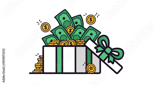 Gift box overflowing with money and gold coins