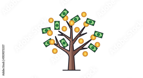 Money tree with dollars and coins growing abundantly