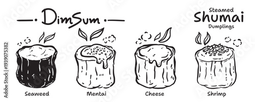 Food Menu Icon Set, Hand Drawn, Vector Illustration (Siu Mai, Shumai, Steamed Dumpling, Dim Sum, Pork Dumpling, Seaweed, Mentai, Cheese, Shrimp)