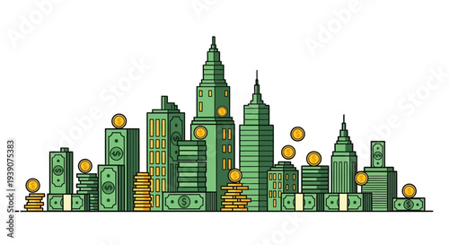 Vibrant cityscape with money and coins illustrating financial success