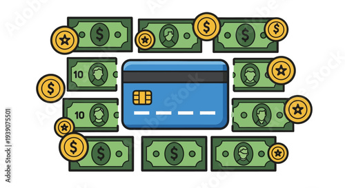 Credit card surrounded by money and coins for financial transactions