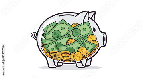 Cartoon piggy bank overflowing with cash and coins
