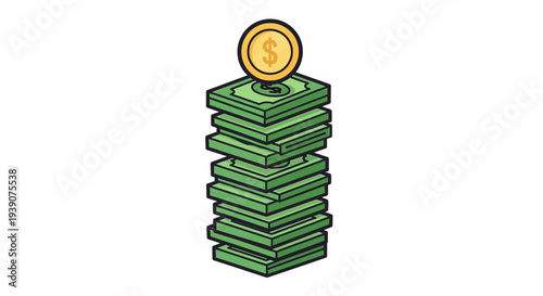 Stack of green bills with gold coin on top for financial success