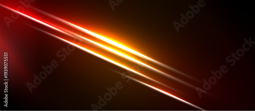 Abstract background features vibrant red, orange, yellow lines. Diagonal streaks create dynamic visual effect. Dark areas contrast bright illumination.