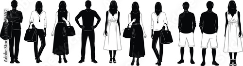 People standing silhouettes collection, men and women casual outfits, urban lifestyle characters set, fashion crowd illustration, black vector design