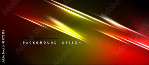 Abstract background features vibrant diagonal lines. Colors transition from red, orange, yellow, creating dynamic visual effect. Dark areas frame bright streaks.