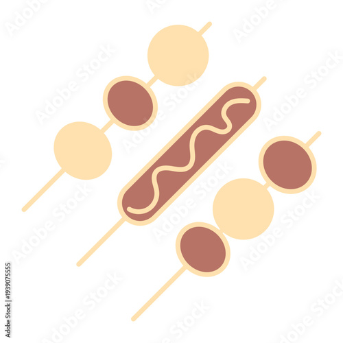 Street Food Meatball Bowl and Skewer Icon Set, Asian Street Food Meatball Illustration Set