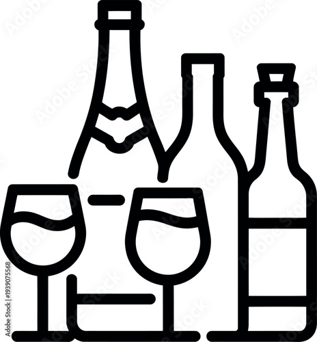 A simple black and white illustration of wine bottles and glasses on a table