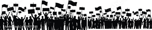 protest crowd silhouettes set, people demonstration with banners flags collection, public rally protest vector illustration