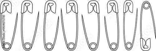 safety pin outline set, sewing pin tool collection, metal safety fastener illustration, clothing repair accessory icons, cad drawing flat vector illustration
