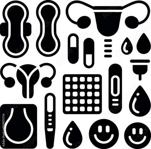 A collection of black and white icons representing various menstrual products and symbols on a plain background.