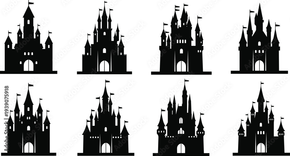 Naklejka premium Collection of Black Medieval Castle Silhouettes and Fairytale Fortress Icons Set Isolated on White Background for Fantasy Game and Architecture Design