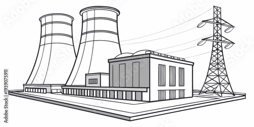 Modern nuclear power plant generating electricity with cooling towers and transmission lines