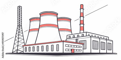 Illustration of a nuclear power plant with cooling towers and smokestacks