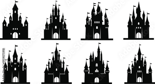 Collection of Black Medieval Castle Silhouettes and Fairytale Fortress Icons Set Isolated on White Background for Fantasy Game and Architecture Design