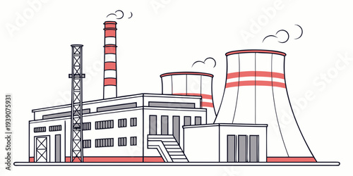 Illustration of an industrial power generation facility with cooling towers and smokestacks