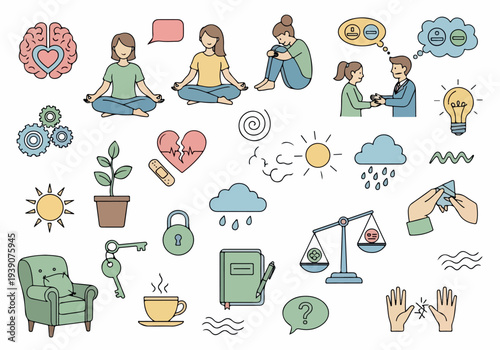 People meditating and interacting surrounded by mental health and wellness symbols in a serene environment from a straightforward viewpoint