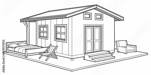 A small house with a dog resting outside on the porch steps