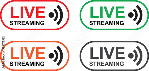 Live streaming icons set with wifi signal waves and rounded buttons in red green orange and gray colors for online broadcasting platforms