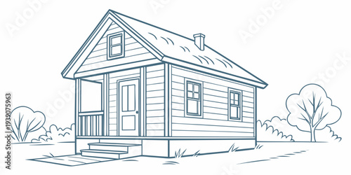 A charming, rustic wooden house with a porch, surrounded by trees and bushes