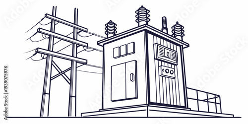 Historic substation building with electrical power infrastructure nearby