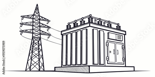 A sketch depicting a power transmission tower beside an ancient temple structure