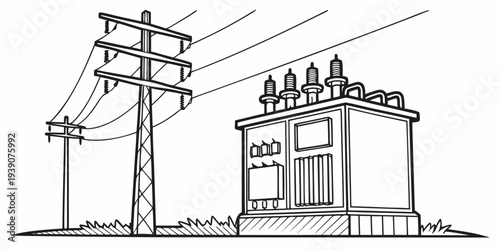 Old electrical substation connected to utility power lines in a rural setting